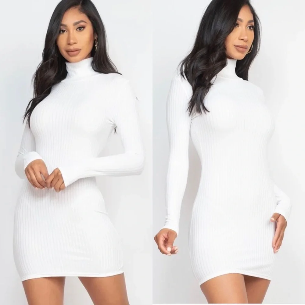WHITE LONG SLEEVE RIBBED MOCK NECK BODYCON MINI  DRESS - Picture 2 of 4